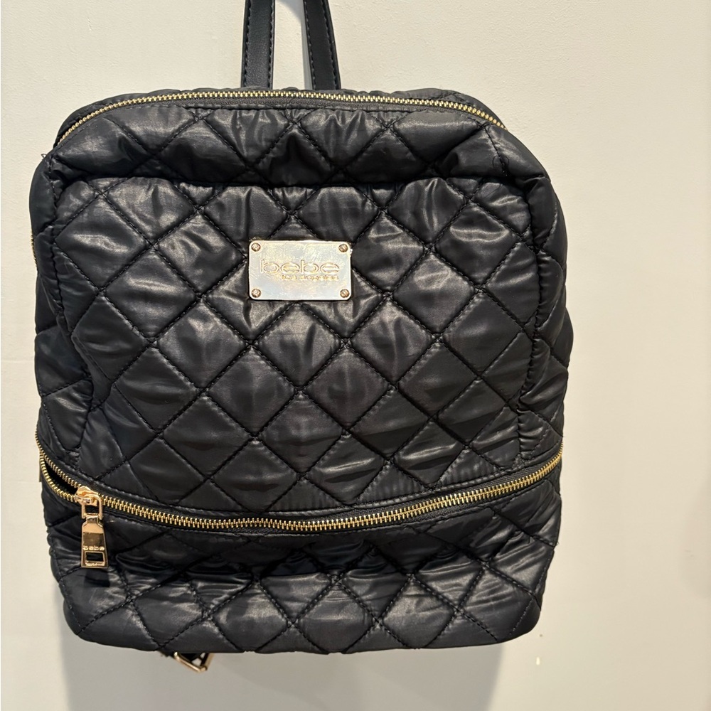 Bebe Black Quilted Backpack with Gold Accents